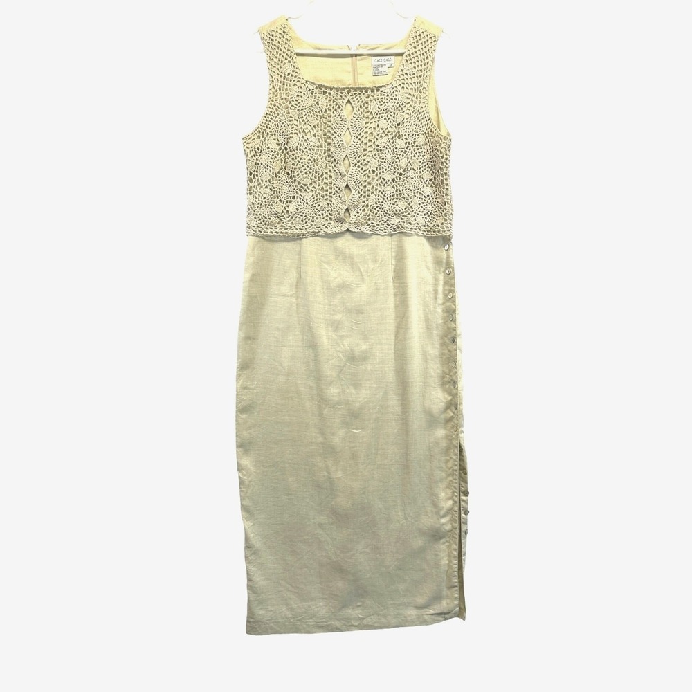 Cali Cali Beige Linen Crochet Lace Bodice Midi Dress Side Buttons Vintage Sz 10